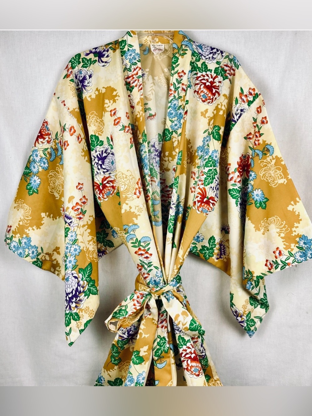 Vintage Kimono Style Long Robe Jacket Floral Yellow Multi-Colors 54" Boho Retro